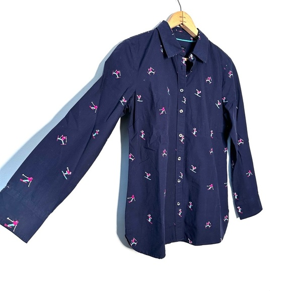Talbots | Navy Blue Embroidered Skiers Button Down Shirt Size XS - Picture 3 of 7